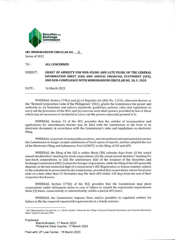 SEC MC No. 22023 Grant of Amnesty for NonFiling and Late Filing of