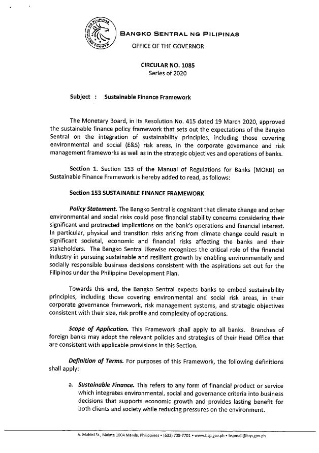 BSP Circular No. 1085