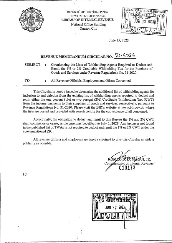 List of additional and delisted top withholding agents on june 22 2023