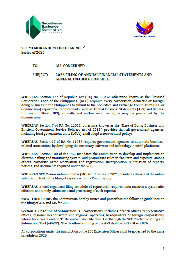 SEC MC NO. 9, SERIES OF 2026