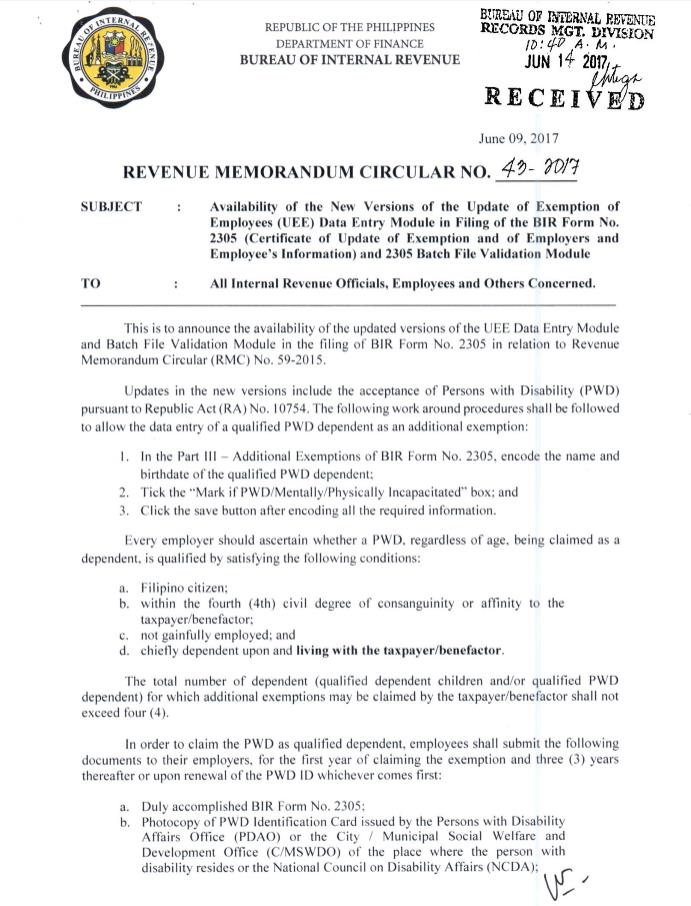 BIR Form 2305 for claiming PWDs as dependents | Grant Thornton