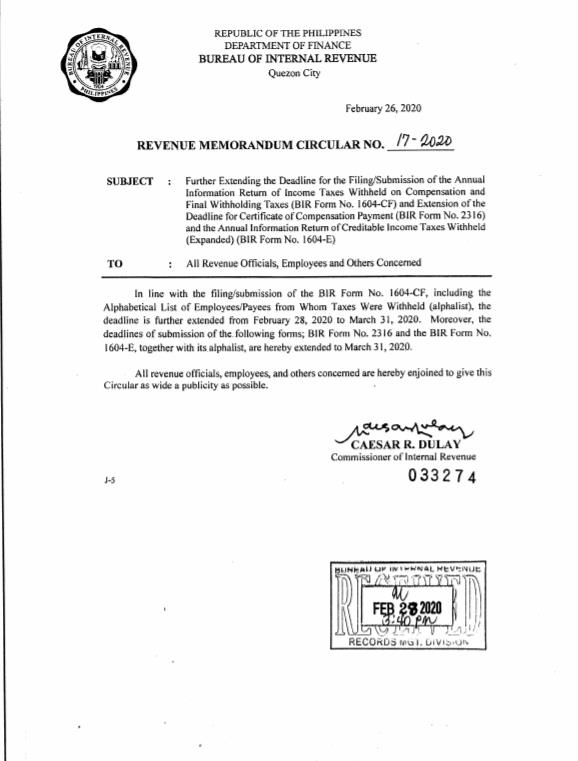 Extended deadline for submission of BIR Forms 1604CF, 2316 and 1604E to