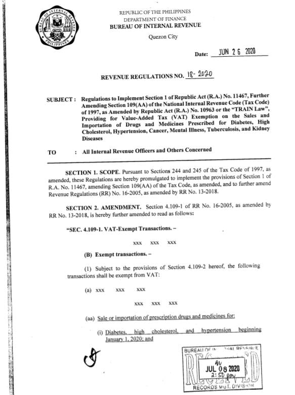 VAT-exempt sales/ importations of drugs and medicines prescribed 