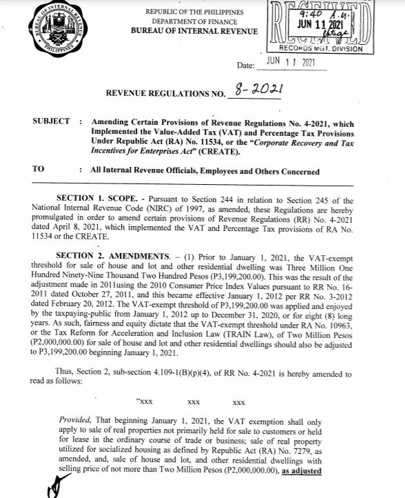 VAT exemption threshold on sale of house and lot, and other residential
