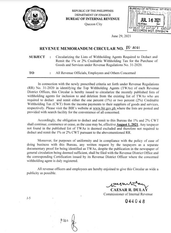 List of additional and delisted top withholding agents now available