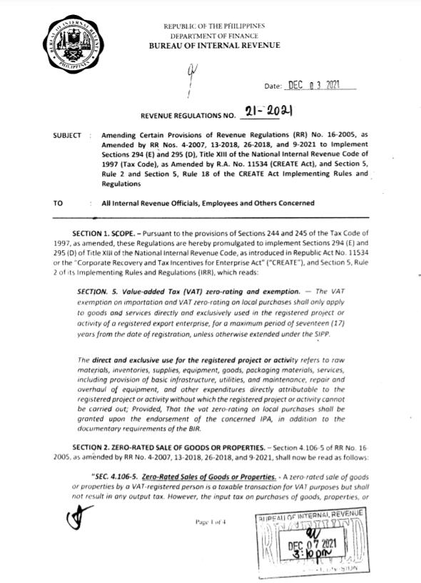 Amendments on VAT zerorated sale of goods and services; VAT zerorating incentive for