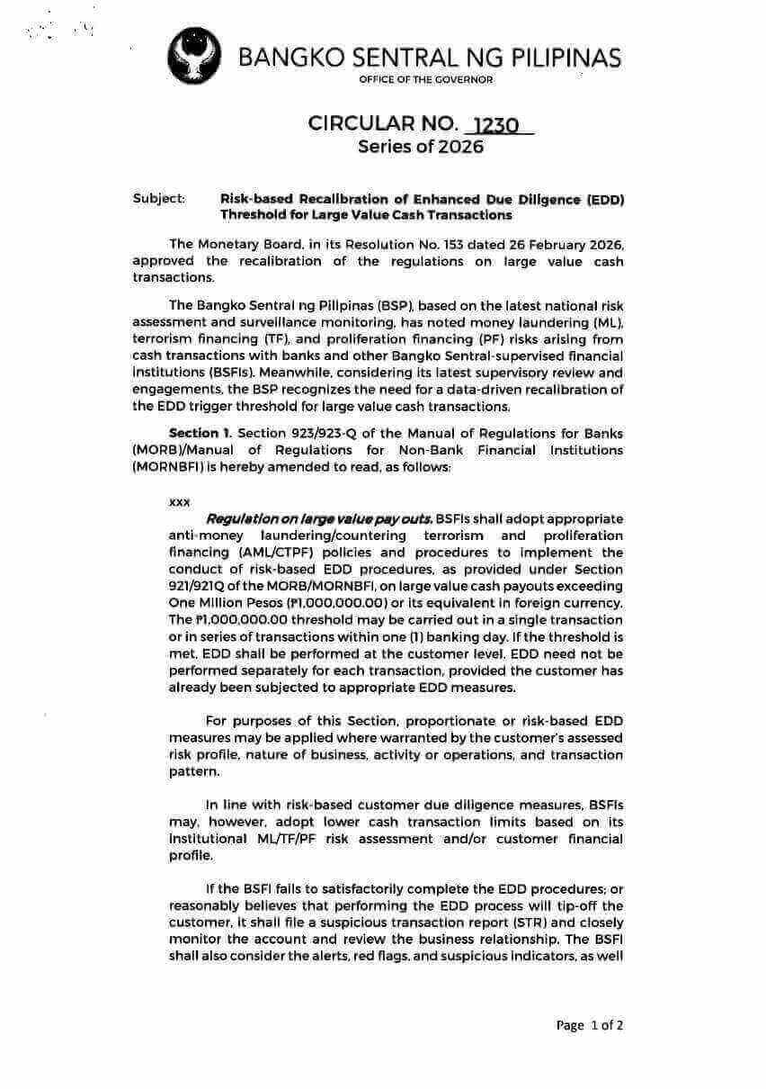 BSP Circular No. 1230, Series of 2026