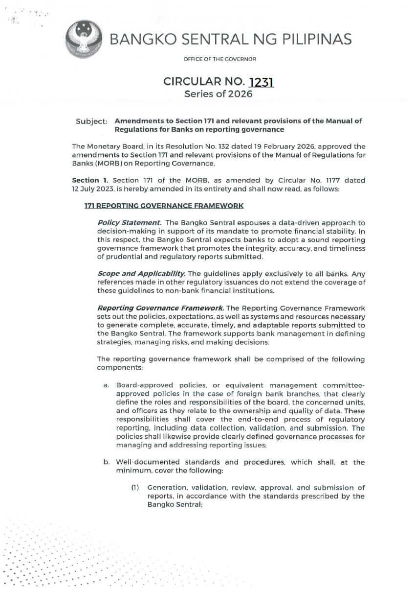 BSP Circular No. 1231, Series of 2026