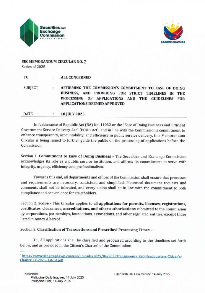 SEC MC Circular No. 7, Series of 2025