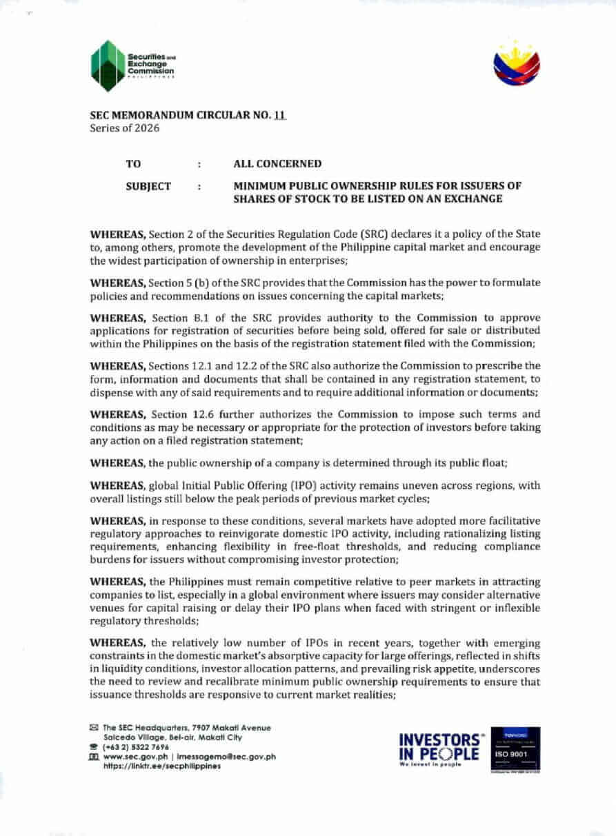 SEC MC No. 11, Series of 2026